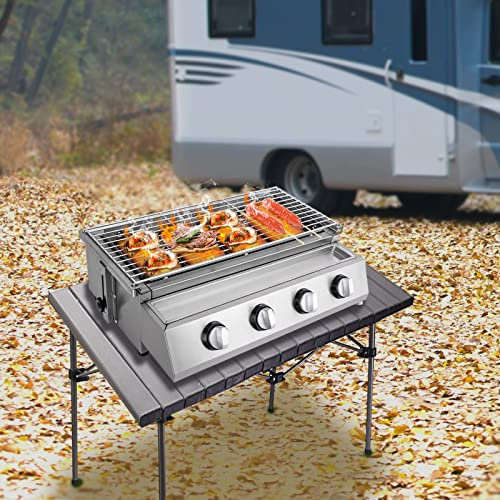Barbecue Charbon de Bois INOX Barbecue Démontable en Acier Portable BBQ Exterieur Grille,4 Brûleurs BBQ Gaz pour Jardin Pique-Nique Camping