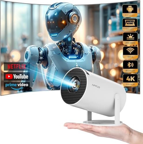 HIPPUS Mini Proiettore 4K Android 11 Portatile, WiFi 6 e Bluetooth 5.2, Rotazione 270° con Correzione Automatica Trapezio, Videoproiettore HD per Home Cinema e Intrattenimento, Bianco