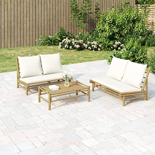 Bulliing Gartenbank mit Cremeweißen Kissen Bambus Gartenmöbel Gartensofa Sitzbank Bank Sofa Parkbank Holzbank Terrasse
