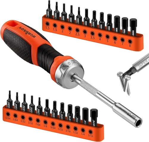25-Piece Hex Screwdriver Bit Set | Metric and SAE Hex Bit Set 1/4 inch Ratcheting Magnetic Bit Driver