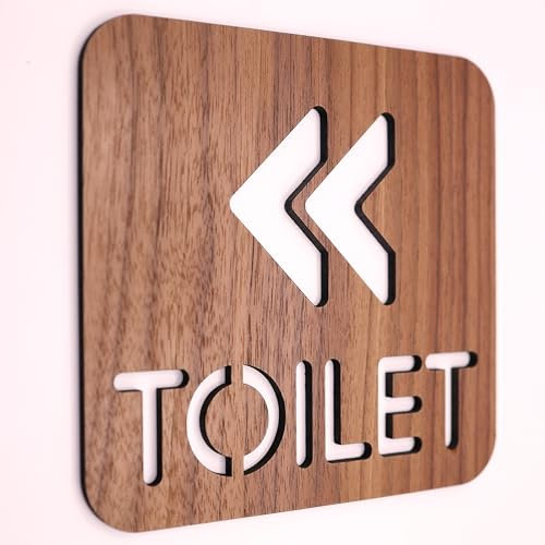 Toilet Directional Sign Left Arrow, Premium Walnut,14.5 x 14.5 cm Restroom Plaque with Left Arrow Design, Stylish Unisex Bathroom Door Sign for Offices, Restaurants, Cafes, Commercial