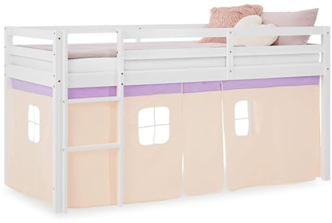 Homestyle4u Hochbett 90x200 cm - Kinderbett mit Vorhang & Rausfallschutz