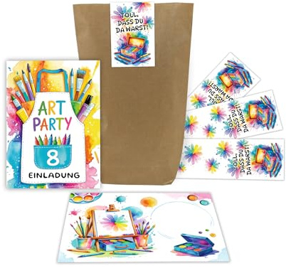 Junaversum 12 Einladungskarten zum 8. Kindergeburtstag Mädchen Jungen Art Kreativ-Party Malparty Kunst Basteln DIY Kinder Einladungen achte Geburtstag Kids inkl. 12 Umschläge, 12 Tüten, 12 Aufkleber