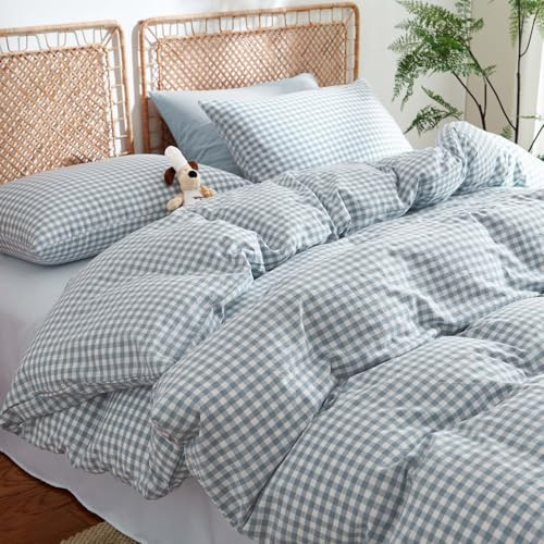 Nayoroom Gingham Duvet Cover Queen Size 100% Washed Cotton Blue Plaid Checkered Comforter Cover 3 Pcs Soft Breathable Grid Farmhouse Dorm Bedding Set for All Seasons