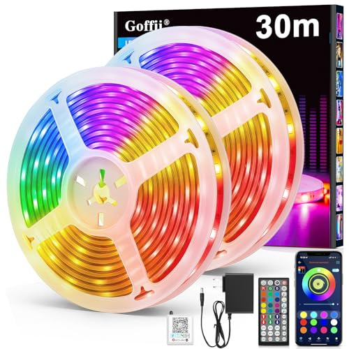 LED Strip 30m, LED Streifen Bluetooth RGB Led Band Selbstklebend mit Fernbedienung und APP. Musik Sync, Timer-Einstellung Dimmbar Led Stripes Lichterkette für Zimmer Partei deko (2x15m)