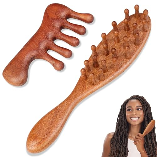 Dexspoeny 2 Pack Loc Comb for Sisterlocks, Wooden Scalp Massager for Dreadlocks, Sandalwood Wide Tooth Hair Comb for Microlocs, Natural Gua Sha Head Massage Tool for Hair Growth Relaxation Stress