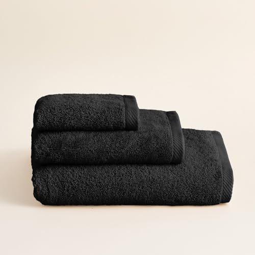 BOHEME Juego de 3 Toallas Serenity Negro con Toalla de Ducha | Incluye 1(30x50 cm), 1(50x100 cm) y 1(70x140 cm). 100% algodón peinado. Suaves y absorbentes.