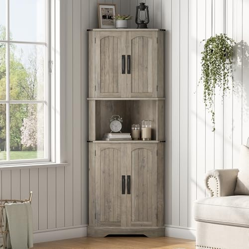 Maupvit Tall Corner Cabinet, Farmhouse Corner Storage Cabinet with 4 Barn Doors and Adjustable Shelves, Storage Pantry Cabinet for Kitchen, Living Room, Laundry Room, Grey