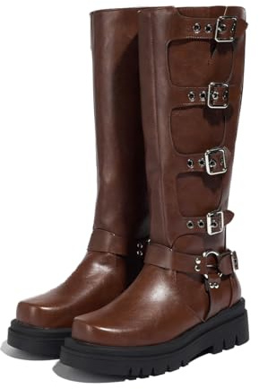 TNMIUH Botas Militares con Hebillas para Mujer, Plataforma Gruesa, Cuero, Estilo Gótico, Botas Altura hasta la Rodilla, Negro y Marrón, Invierno,Diseño con Múltiples Correas,Marrón,39 EU