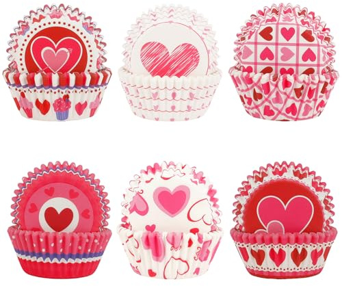 300 Stück Mini-Muffinförmchen Valentinstag, 6 Designs Rote Rosa Herz Cupcake-Becher Lebensmittelqualität, Backförmchen für Kuchen Dessert Geburtstag Hochzeitsdekoration