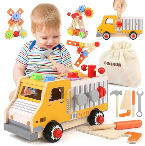 DINORUN Attrezzi Giocattolo in Legno, Montessori 3 Anni, Camion Cassetta Attrezzi, Regalo per Bambini 3-6 Anni, 47 Pezzi