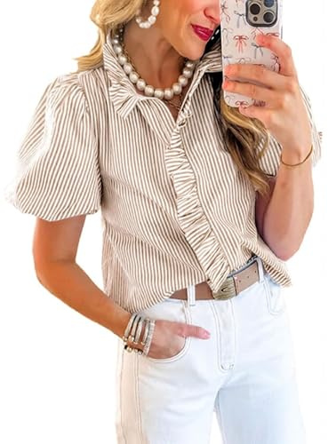 Disamer Womens Puffy Sleeves Tops Button Down Shirt Ruffle Shirt Short Striped Work Tops Trendy Babydoll Stand Collar Blouse,Striped Apricot,X-Large