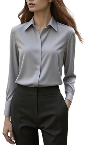 HAOLEI Satin Shirts for Women UK 2025 - Ladies Satin Silk Blouses Elegant Vintage Long Sleeve V Neck Shirts Button Down Going Out Plain Casual Smart Business Work Office Tops Gray