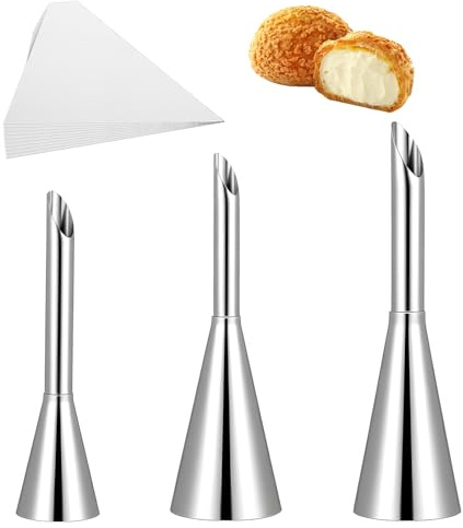 3 Pcs Cream Icing Piping Nozzle Tip, Puff Cream Filling Piping Tips Kit Stainless Steel Long Puff Nozzle Tip with 10 Pcs Disposable Pipings Bags for Small Pastries Puffs Cupcakes Filling Donuts
