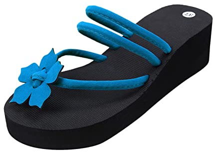 Damer flops tofflor kilklack, sandaler damer elegant sommar, platå halkfria tåsandaler bohemia högklackad plattform anpassade strandskor, blå, 39 EU