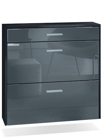 InnoFurn hängender Schuhschrank Roma Air Schmal mit 2 Klappen und 1 Schublade, Platzsparender Schuhkipper Flurschrank für Diele Flur Garderobe, Schwarz/Grau Hochglanz (89 x 87 x 23 cm)