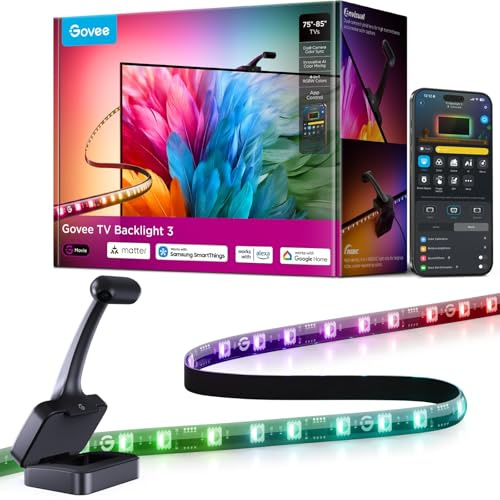 Govee TV Backlight 3 Dual Cámara, 5m RGBWIC Tira LED para 75-85 Pulgadas | 4MP Dual Cámara, 60 LED/m, Filtro de Color Inteligente con IA para Cine y Juegos, Compatible con Alexa y Control por App