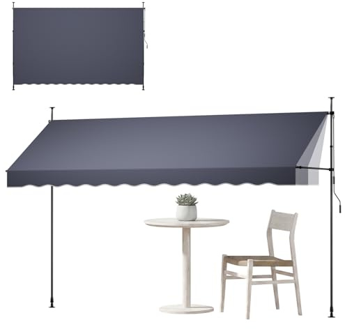 VEVOR Tenda da Sole Retrattile Manuale Misure 400 cm per Esterni, Copertura Parasole Protettiva, Colore Grigio Scuro, Altezza Regolabile, con Manovella, per Cortili Giardini Verande Ristoranti Bar
