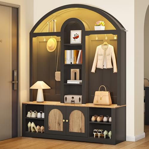 Httcg Garderobe Set Garderobenschrank Höhe 195 cm mit LED Licht und Schuhregal, Garderobenset Flurgarderoben Set mit Wandgarderobe und Sitzbank, Kompaktgarderobe mit Haken und Tür, Flurmöbel, Schwarz