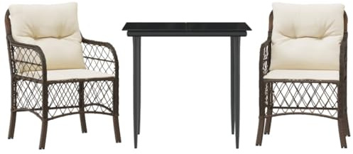 XHNIFBN 3-TLG. Bistro-Set aus Poly Rattan, Gartenmöbel-Set mit 2 Stühlen und Glastisch, Balkonmöbel mit bequemen Sitzkissen, Braun und Cremeweiß