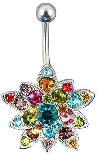 Piersando Bauchnabelpiercing Bauch Banane Piercing Stecker Gebogen Bunte Blume mit Zirkonia Anhänger Silber