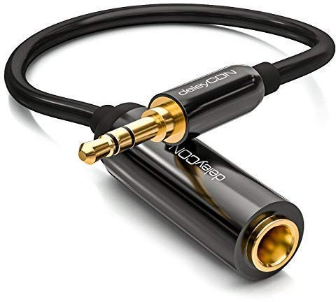 deleyCON 0,2m Cavo Adattatore Audio Stereo - Connettore Maschio 3,5mm per un Connettore Femmina da 6,3mm - Connettori Dorati - Nero