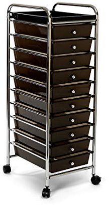Seville Classics 10-Drawer Multipurpose Mobile Rolling Utility Storage Organizer with Tray Cart, Translucent Black