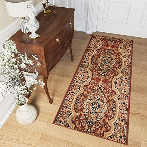 TAPISO Atlas Teppich Läufer Meterware Brücke Flur Kurzflor Küche Wohnzimmer Klassisch Floral Streifen Braun Schlafzimmer ÖKOTEX 120 x 300 cm