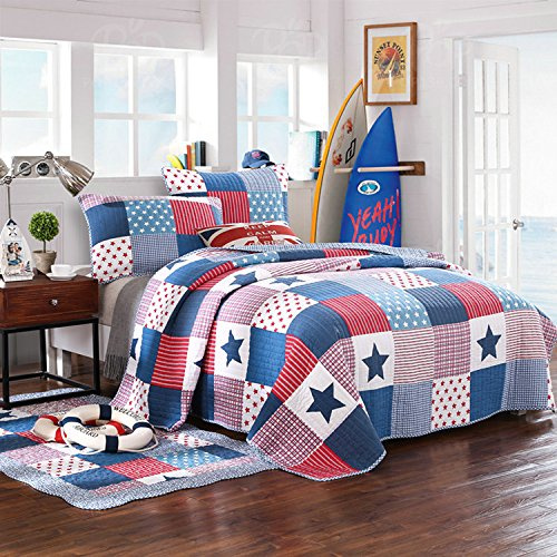Lanqinglv 100% Baumwolle Tagesdecke 180x200cm Kinder Sterne Muster Patchwork Bettüberwurf Gesteppt Tagesdecke Quilt mit Kissenbezug Set Bettdecke Steppdecke