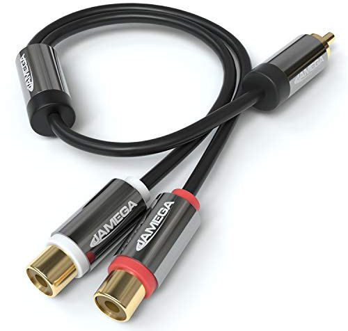JAMEGA – 0,20m Y-Adapter | Audio Verteiler Y-Kabel für Subwoofer | 1x RCA Cinch Stecker zu 2x RCA Buchse – Vergoldete Kontakte