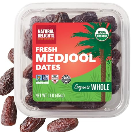 Natural Delights Organic Medjool Dates – Large & Plump USDA Certified , Non-GMO Verified, Good Source of Fiber, Naturally Sweet Fruit Snack, Perfect for On-the-Go - Whole Medjool Dates Organic, 1 lb oz Container