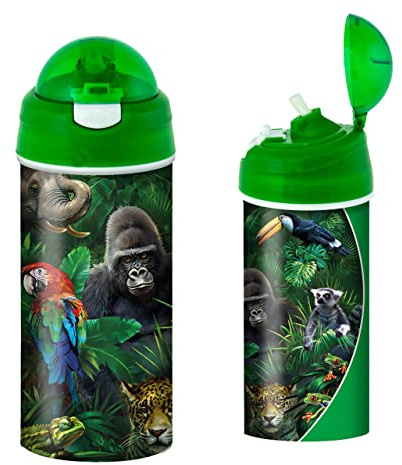 3D LiveLife Gourde - Amis de la jungle de Deluxebase. Plastique Faune Lenticulaire 3D avec Paille. Gourde pour enfants 600 ml avec illustrations originales de l'artiste renommé Tami Alba