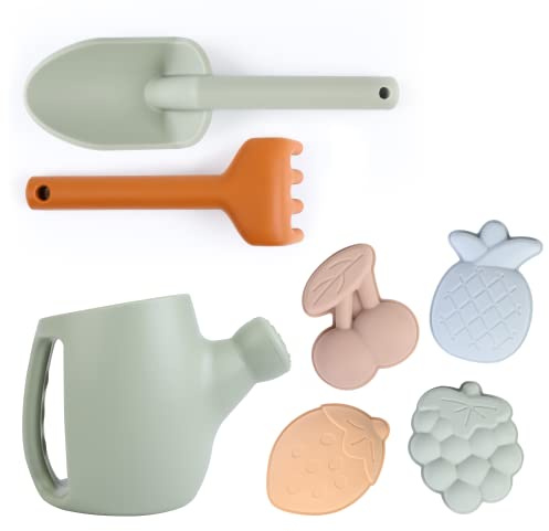 BLUE GINKGO Toddler Gardening Tools - Silicone Beach Toys, Garden Toys for Toddlers | Kids Shovel and Rake Set, Watering Can, Sand Molds | Outdoor Baby Gardening Set (Green)