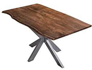 SAM Esstisch 160x85cm Benni, Akazienholz massiv + nussbaumfarben, echte Baumkante, Baumkantentisch mit Spider-Metallgestell Silber, Esszimmertisch mit Tischplatte 26mm