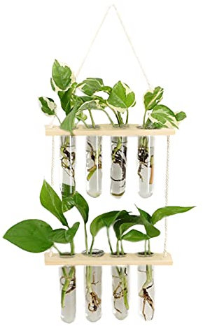 NZXVSE Glas-Pflanzgefäß zum Aufhängen, 2 Etagen, 8 Reagenzgläser, Pflanzenterrarium, moderne Blumenknospen-Vase mit Holzgestell für Hydrokulturen, Wasserpflanzen im Innenbereich