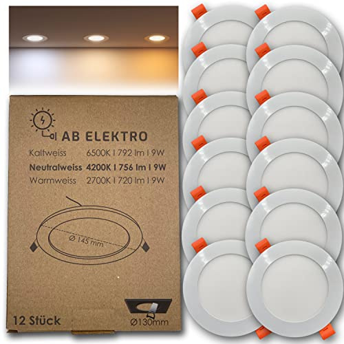 AB Elektro LED Einbaustrahler flach rund 12er Set I 9W LED Spot 12V Neutralweiß I LED Panel Deckenleuchte I LED Einbauleuchte Set mit Trafo