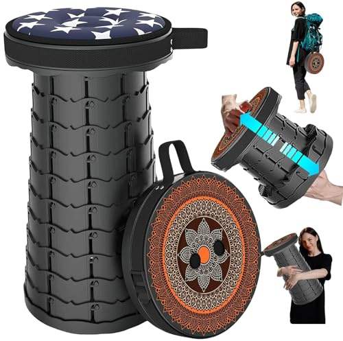 LOCYOP Sgabello telescopico, pieghevole, leggero e portatile, sgabello per adulti, campeggio, escursionismo, pesca, viaggi, barbecue, carico massimo 440lbs, con tasca per cuscino, Boemia
