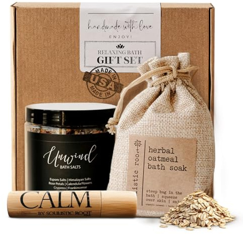 SOULISTIC ROOT Revitalizing Bath Gift - Premium Self-Care Bath & Body Set with Lavender Oatmeal Soak, Tranquil Essential Oil Roller, Epsom Salt Soak, Home Spa Kit, Ready-to-Gift Box