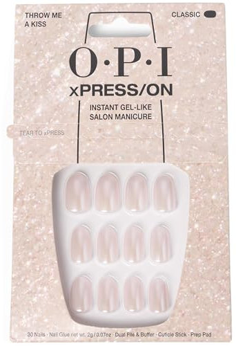 OPI xPRESS/ON Throw Me a Kiss - Pink Shimmer Short Round Press On Nails - With Nail Glue - Long Lasting, Reusable & Non-Damaging Short False Nails