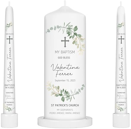 Baptism Candle Set, Set of 3, Personalized Pillar and Taper Candles, Unscented White Premium Wax, Great for Religious Celebration, Christening, Special Events or Gift (Zinnia)