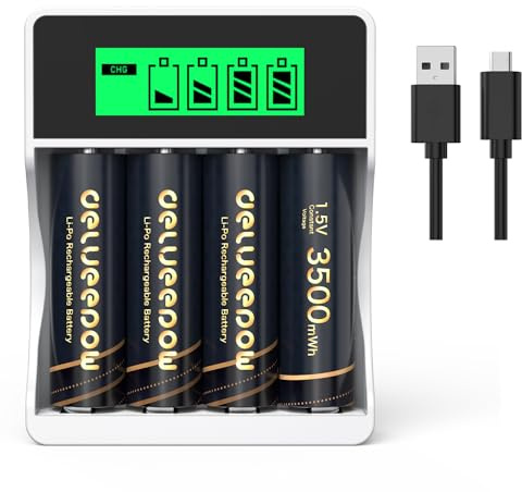 Delyeepow Batería AA Recargable de Litio de 1,5 V, 3500 mWh, 1500 ciclos, Pilas AA Recargables de Litio, 4 Unidades con Cargador Inteligente LCD