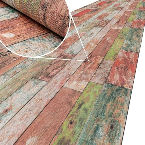 ANRO Küchenläufer Teppich Läufer Küchenteppich Flur Läufer Küche awaschbar pflegeleicht Holz Bunt 200x65cm