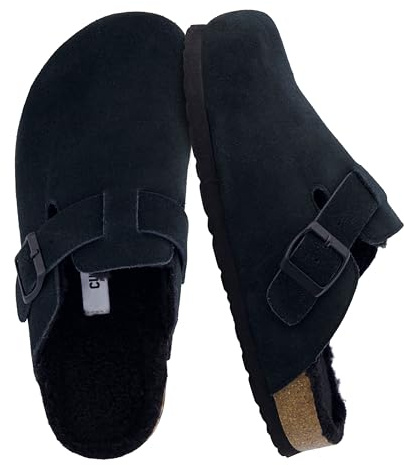 CUSHIONAIRE Hana Womens Clogs | Comfortable Vegan Suede Clogs for Women | Slip On Potato Shoes with Cork Footbed & Arch Support| Black 9W