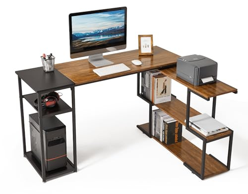 Mondeer L-format datorskrivbord, hörnskrivbord, 360° roterande hyllor och justerbara förvaringshyllor, platsbesparande för hemmakontorets studio, arbetsstation, rustik brun och svart