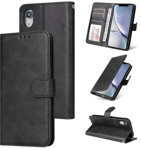 E-Lush Cover per iPhone XR Pelle Sintetica, Portafoglio Custodia per iPhone XR Cover Carta Fessura Wallet Libro Flip Case Magnetica Supporto Cellulare Antiurto Protezione, Nero