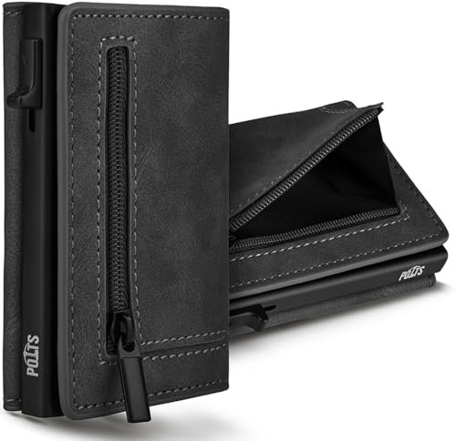 POTTS Geldbörse Herren aus veganem Leder | Slim Wallet mit Münzfach & Magnetverschluss | Kartenetui mit Münzfach & RFID-Schutz Herren & Damen & Geschenkbox - schwarz