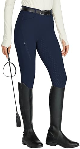 Willit Pantalon d'équitation pour femme à siège complet en silicone pour l'équitation à cheval, collants d'entraînement avec poches à glissière, bleu marine, XXL