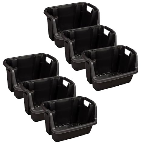 Pluto Packaging Black Heavy Duty Strong Plastic Pack Of 6 Open Fronted Warehouse Order Picking Storage Stacking Crates