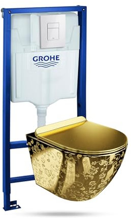 LAVITA Vorwandelement Solido + Wand Hänge WC Sofi Slim Golden Eye Gold Spülrandlos + WC-Sitz SoftClose Glänzend Weiß Knopf Komplettset Unterputz Spülkasten Toilette Komplett Sett WC