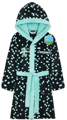Minecraft Bath Robe for Boys, Teens Hooded Fleece Robe Cozy Loungewear Soft Nightwear Creeper Gamer Gifts for Kids (7-8 Years, Teal)